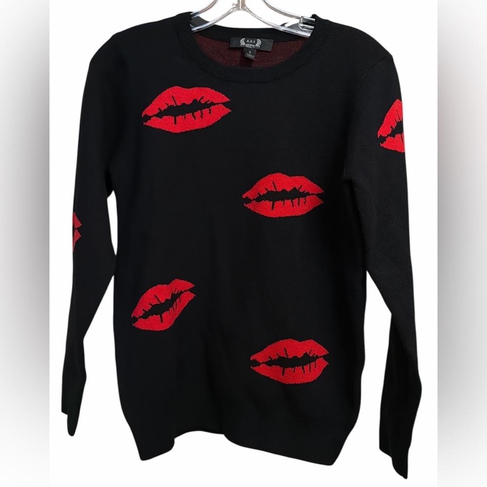 AZI Black Sweater with Red Lip Print